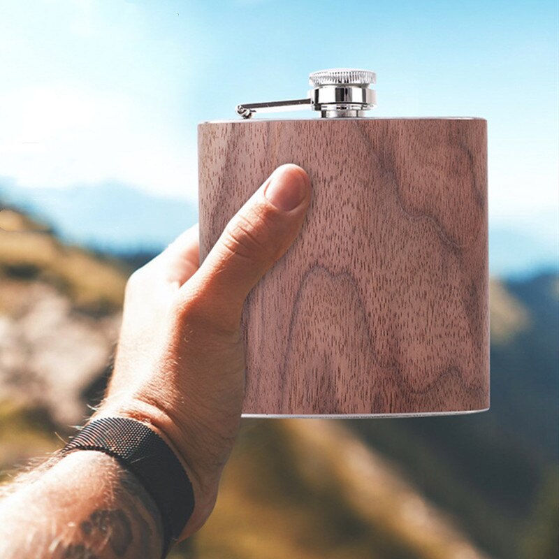 6OZ Wooden Leather Hip Flask Stainless Steel 304 Whiskey Wine Flagon Alcohol Drinking Bottle Travel Drinkware