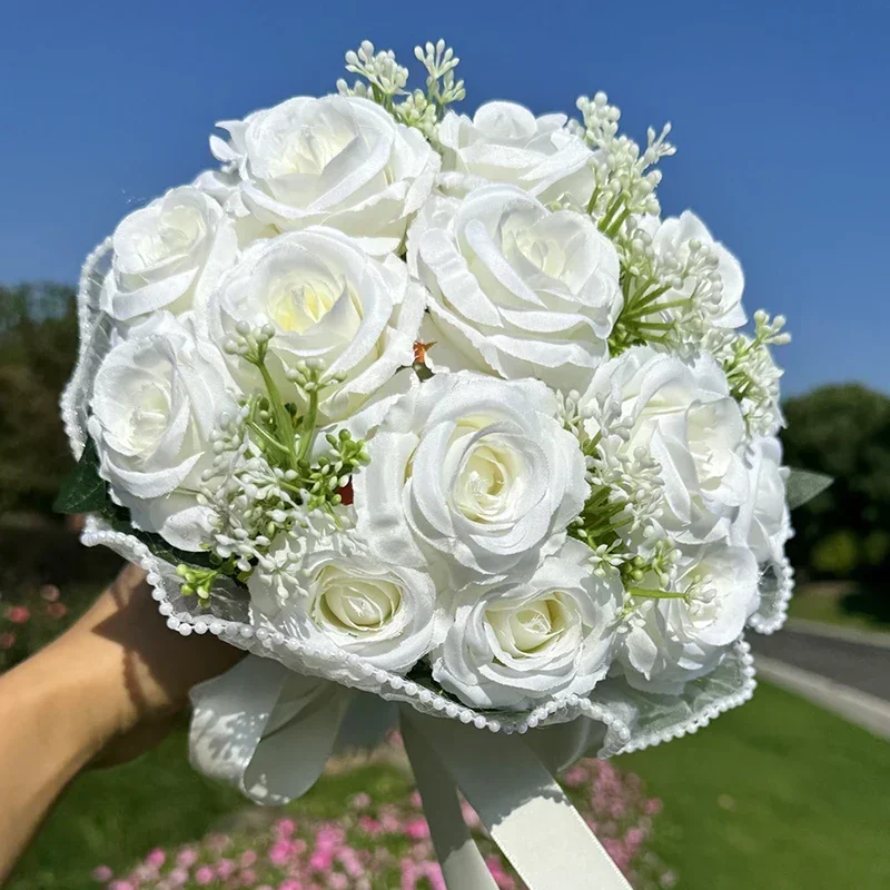 1pc buquês de casamento rosa para noiva, buquês brancos para noiva dama de honra decoração do dia dos namorados pérola renda malha rosa flor