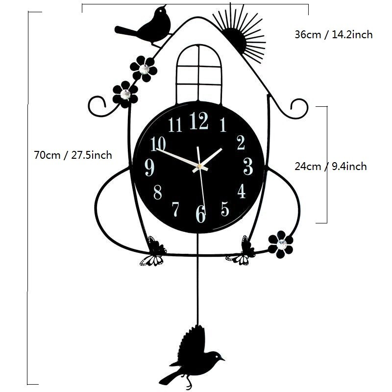 Pendulum Light in the Dark Wall Clock Modern Living Room Luminous Bird Metal 3D DIY Stickers Pared Con Pendulo Home Decor