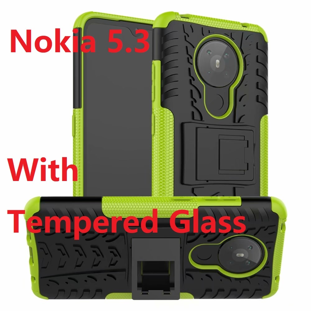 Hybrid Armatura Cassa Del Telefono Per Nokia 5.3 Duro Coperture + Temperato di Vetro Del Silicone di Gomma Molle Della Pelle Del Gel di Custodie