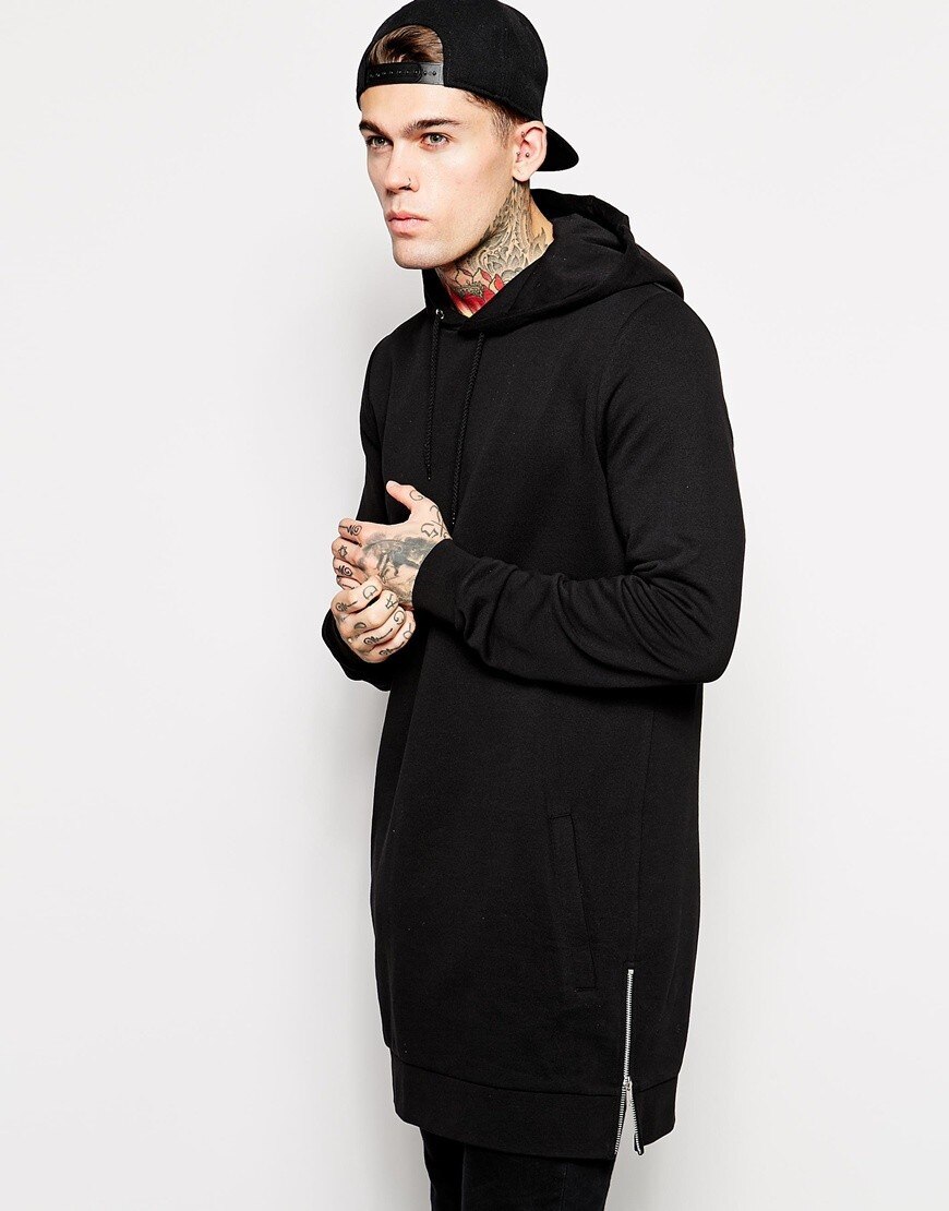 Men's Long Grey Hoodies Sweatshirts Feece With Side Zipper Longline Hip Hop Streetwear Shirt Tops Longline: Black / XL