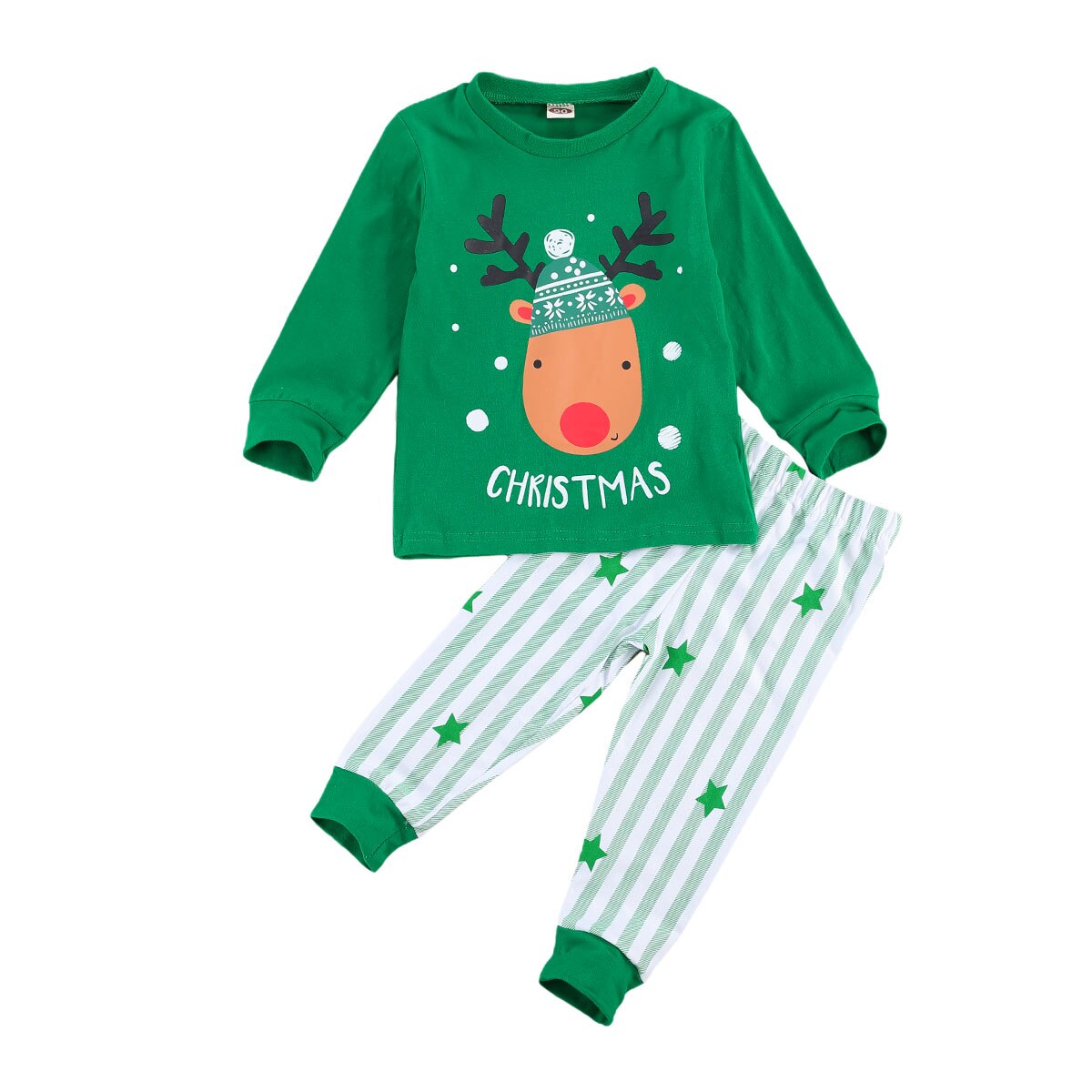 2 Pcs Kinderen Katoen Kerst Pyjama Set Claus Elanden Print Ronde Hals Lange Mouw Toevallige Trui Streep Ster Losse broek: green / 2T