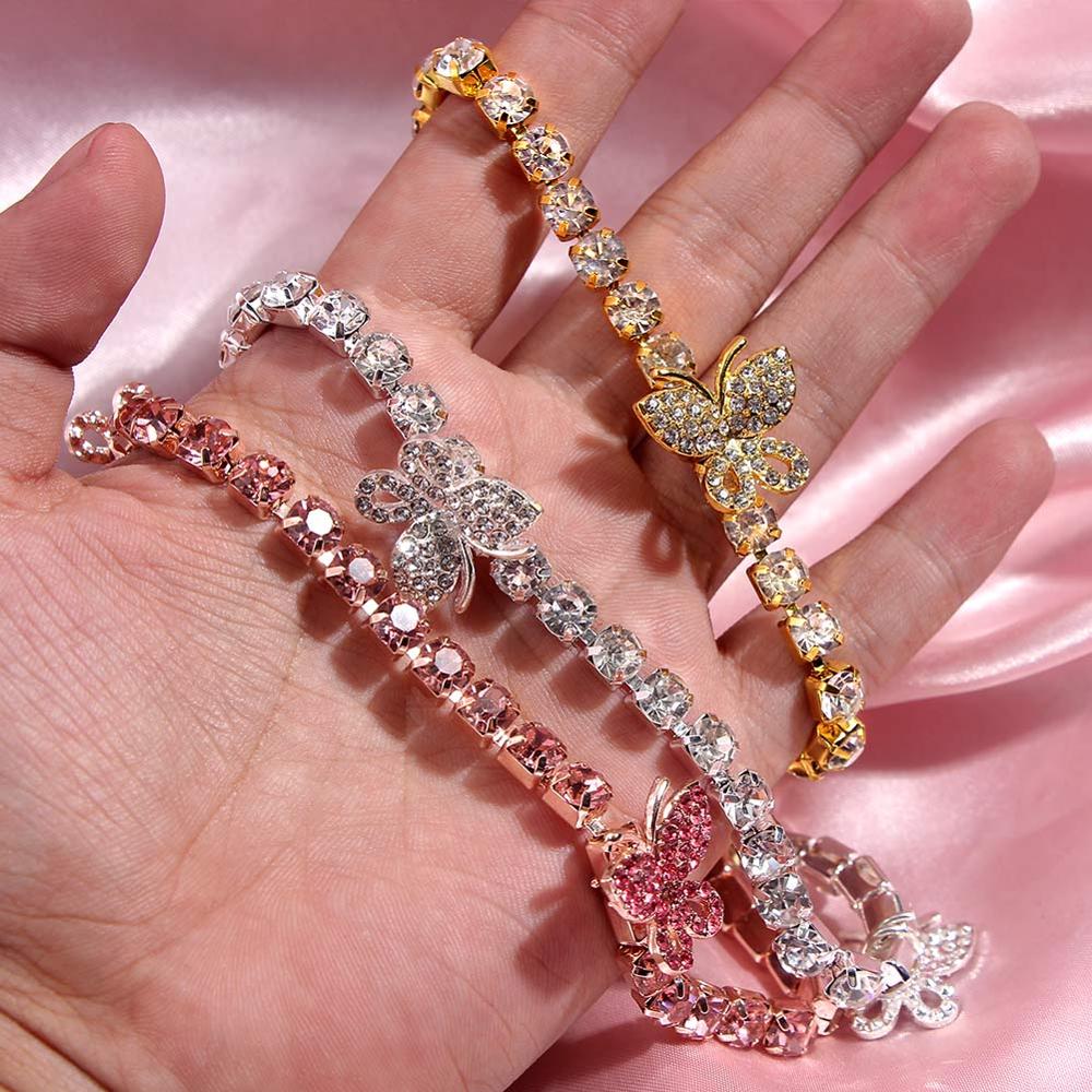 Luxury 1 Row Big Rhinestone Tennis Cuban Choker Necklace For Women Crystal Butterfly Charms Clavicle Chain Wedding Jewelry