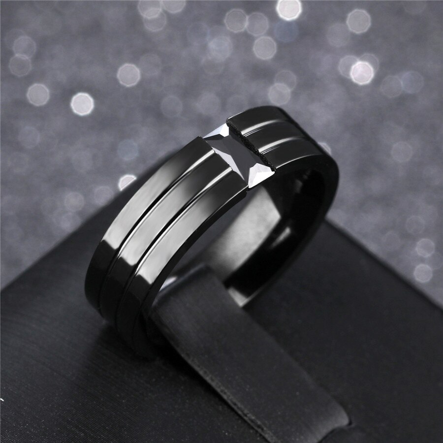XQNI Full Black Stainless Steel Rings For Men With Zircon & Groove 6MM Width Male Boy Ring Jewelry Birthday Party