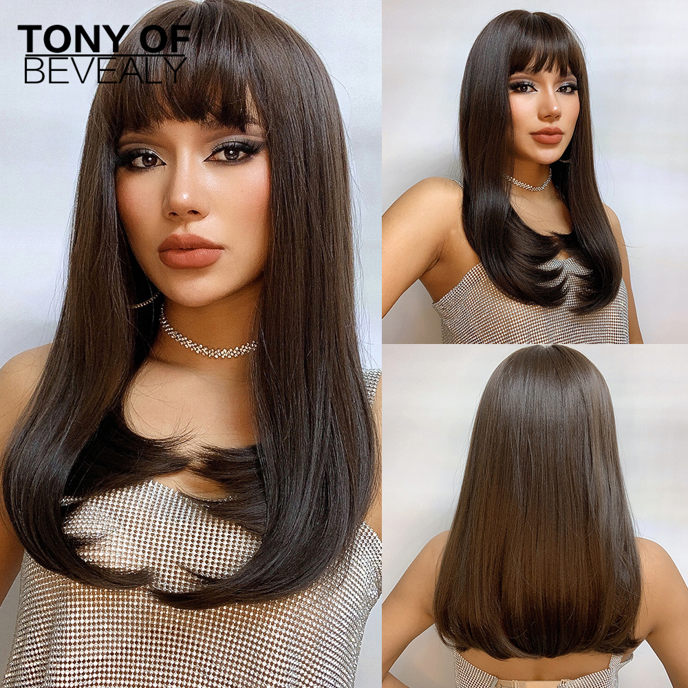 HAIRCUBE Brown Highlight Synthetic Wigs Long Straight Wigs With Bangs for Women Natural Hair Cosplay Heat Resistant Fiber Wigs
