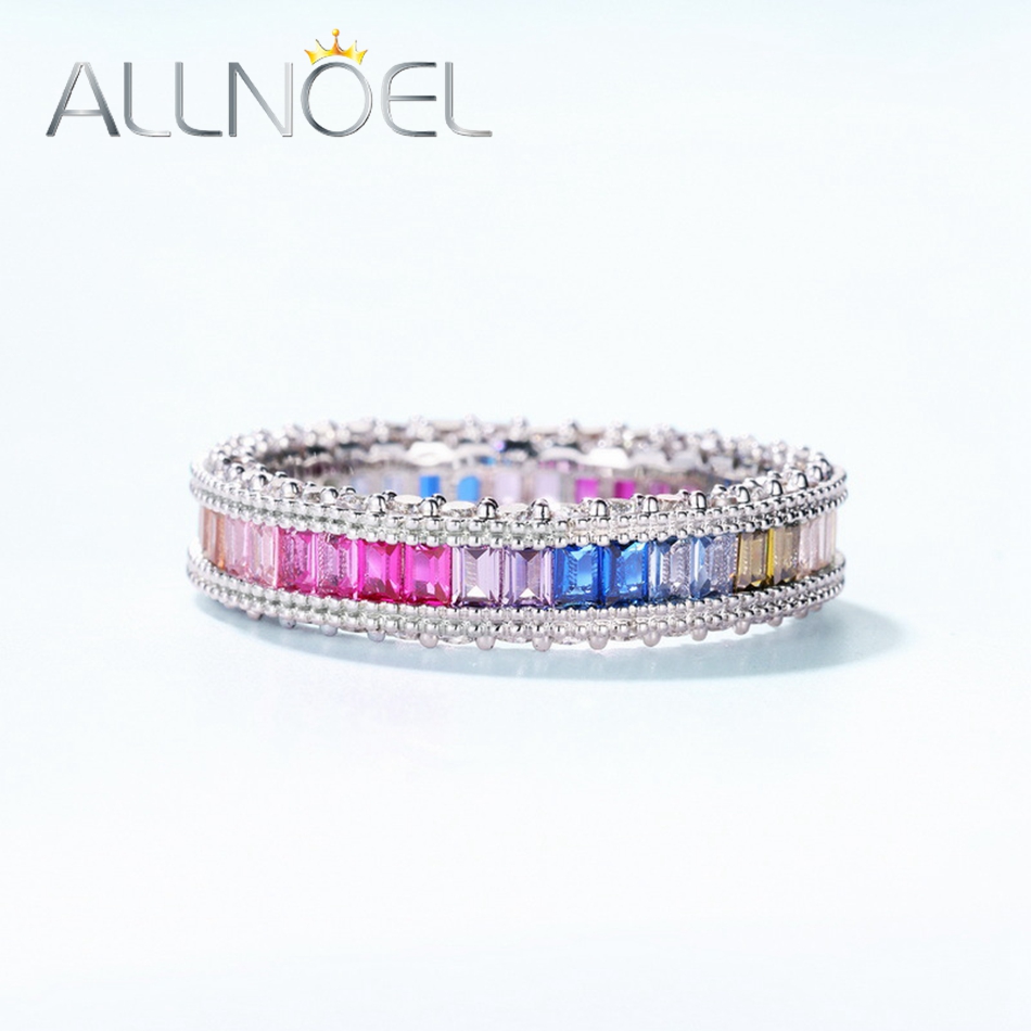 ALLNOEL anelli in vero argento Sterling 925 per donna arcobaleno CZ zircone cubico colorato 1*2mm regalo di gioielli con fedi nuziali a cerchio intero