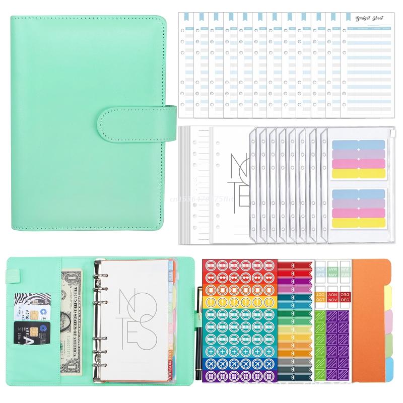 Reusable Leather Binder Set with Binder Pockets Budget Sheets Index Labels Stickers Page Dividers Binder Planner Notepad H3CA: Green