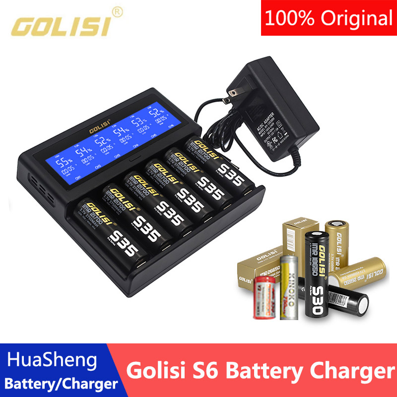 Original Golisi S6 Akku-Ladegerät, 6 Steckplätze, 2 A, Schnelllade-LCD-Anzeige, passend für 18650 21700 20700 18350 26650 AA AAA Li-Ion Akku
