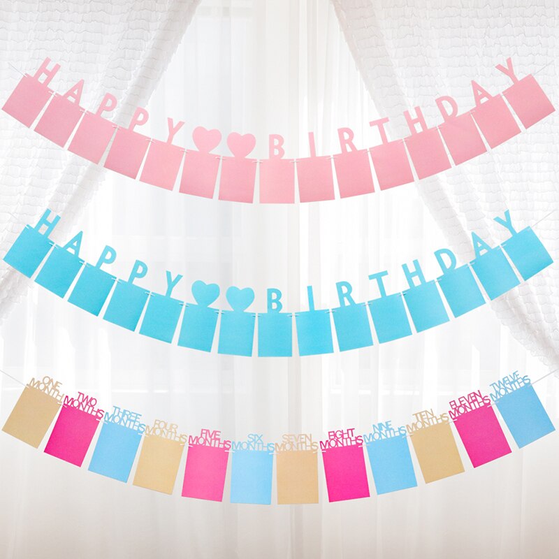Happy Birthday Photo Frame Banner First Party Decorations 1st Baby Boy Girl My 1 One Year Paper Garland Supplies Blue 12 Months