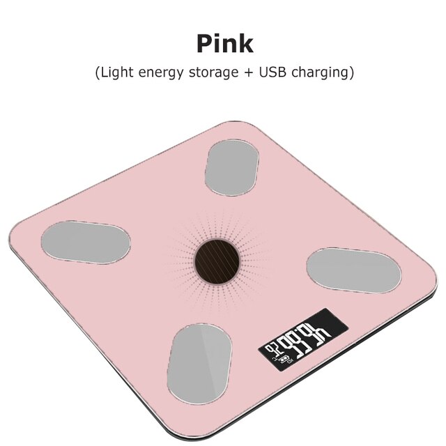 Nouvelle échelle de poids électronique Bluetooth Smart APP analyseur de mesure de graisse de santé humaine balance professionnelle de bio-impédance charge USB solaire: Rose