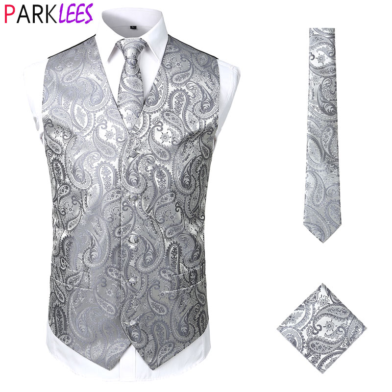 Männer Hochzeit Paisley Anzug Weste Weste Krawatte und Tasche Platz Party Abendessen 3 stücke Kleid Weste Männer Colete Masculino silber 3XL