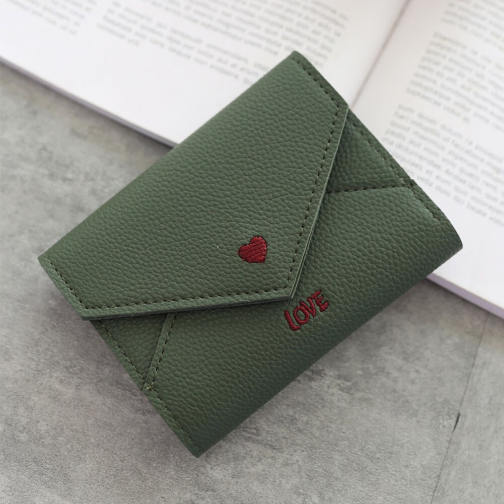 Heart Pattern Portable Mini PU Leather Multifunctional Small Embroidery Coin Pocket Three Fold Card Slots Women Wallet: Dark Green