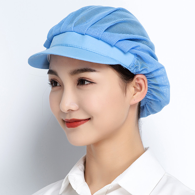 Pustende netting arbeidslue dame herre hårtildekket hatt verkstedhatt serveringshatt bakehatt kjøkken matlaging visirhatt med brem: Blå