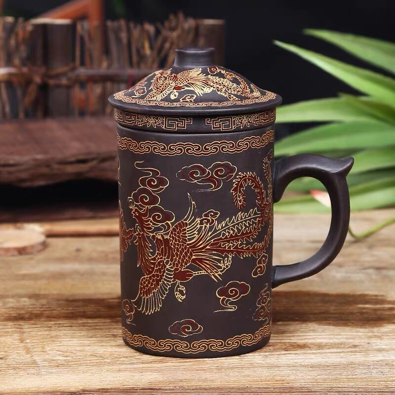 Håndlavet yixing håndmalet dragon skønhed lilla ler te krus med låg og infuser kontor tekop keramik vand krus drinkware: D