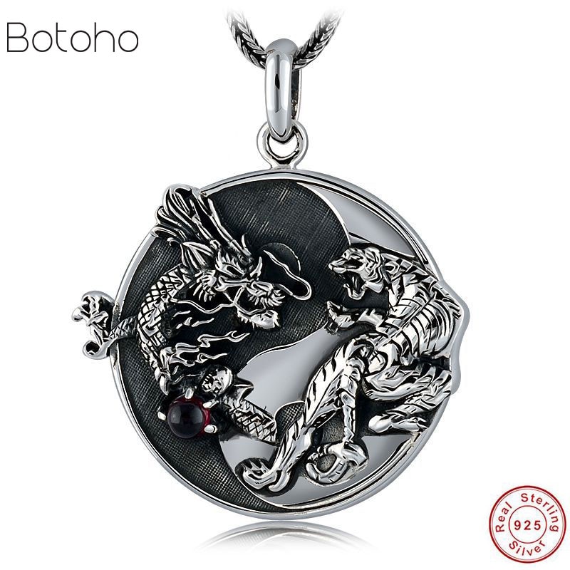 Collier pendentif Dragon tigre 100% argent 925 fait à la main, amulette 925 Sterling Fengshui Taichi Yinyang porte-bonheur