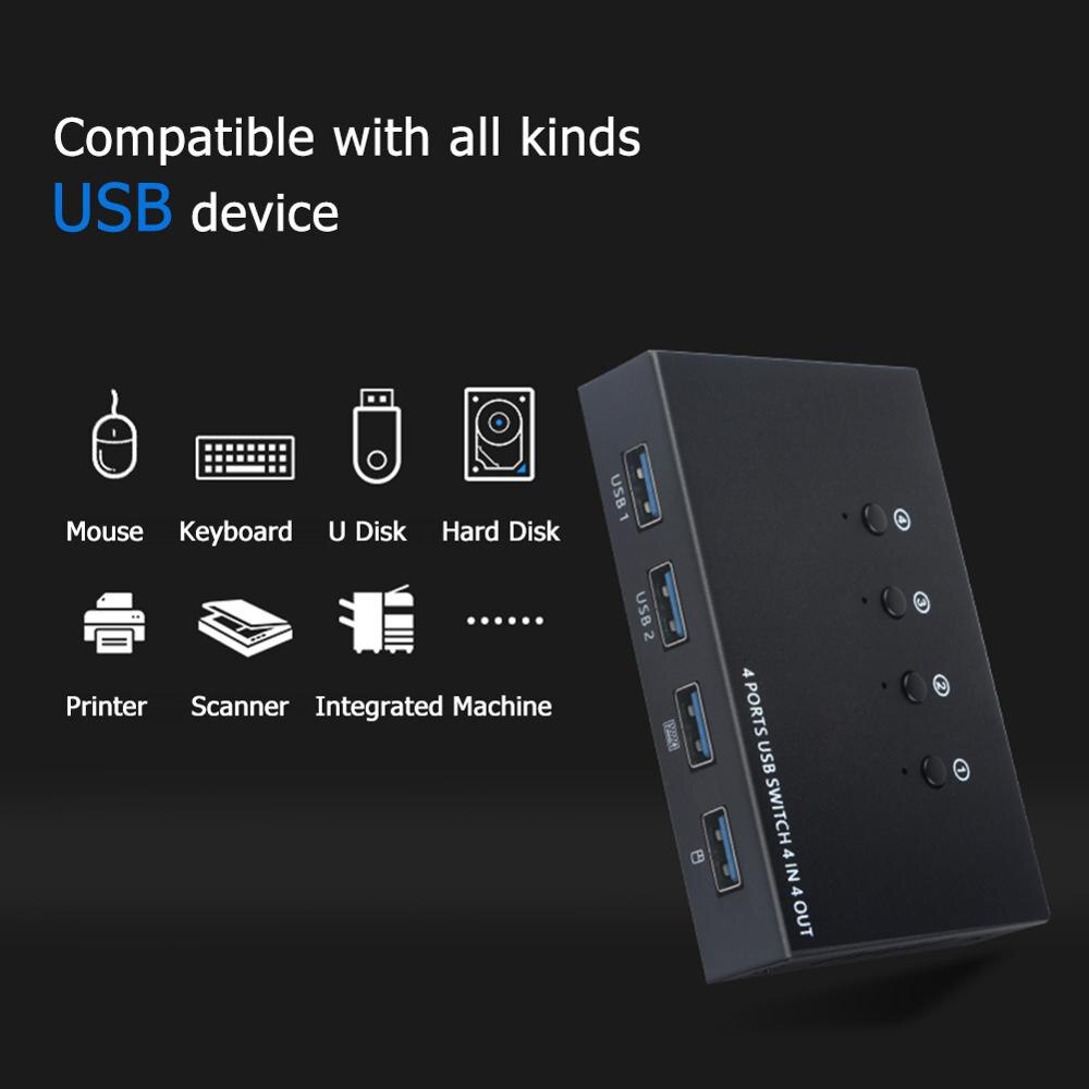 USB Switch Box 4 Port USB 2.0 Switcher PC Sharing Splitter for Keyboard Mouse Printer Monitor Compatible with USB devices