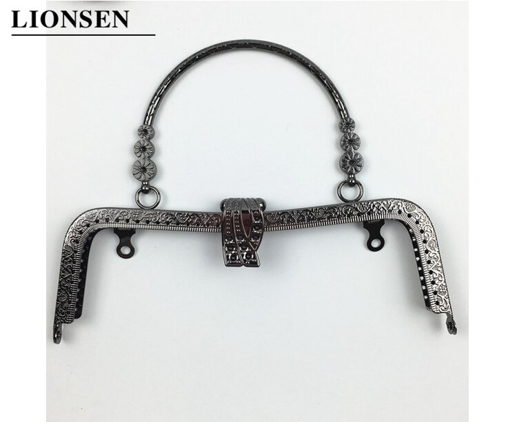 LIONSEN 20cm leaf Metal Purse Frame Handle Clutch Bag Accessories DIY Kiss Clasp Lock Bronze Embossing M-shaped HandBag Hardware: Gun Black