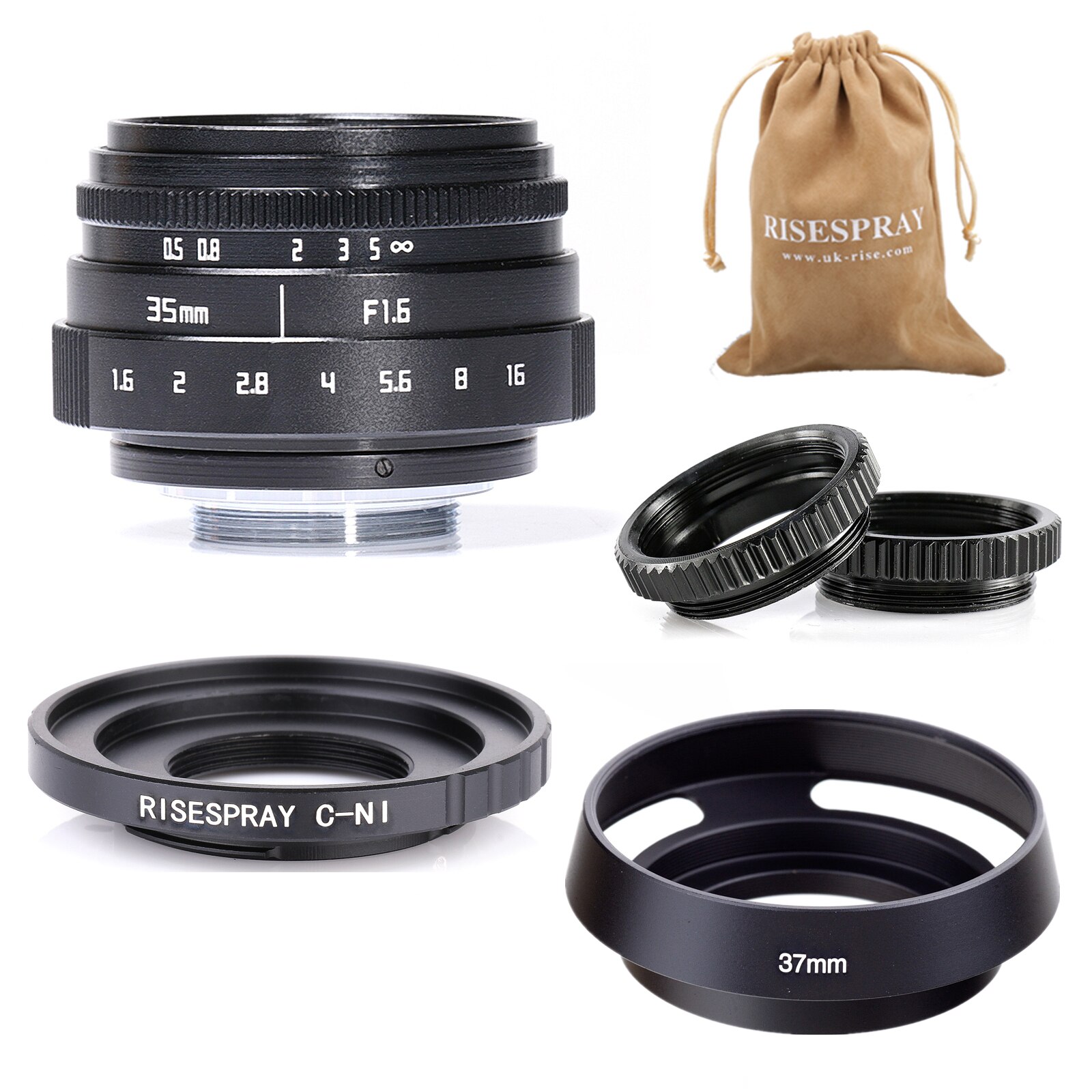 Mini 35mm f/1.6 APS-C CCTV Lens+adapter ring+2 Macro Ring+lens hood for NIKON1 Mirroless Camera J1/J2/J3/J4/J5