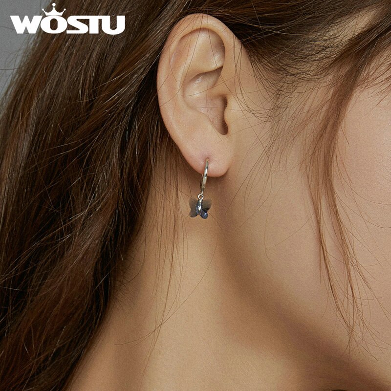 Brincos borboleta poderosa wostu prata 925, brincos originais com cristal azul para mulheres, joia de luxo cqe959