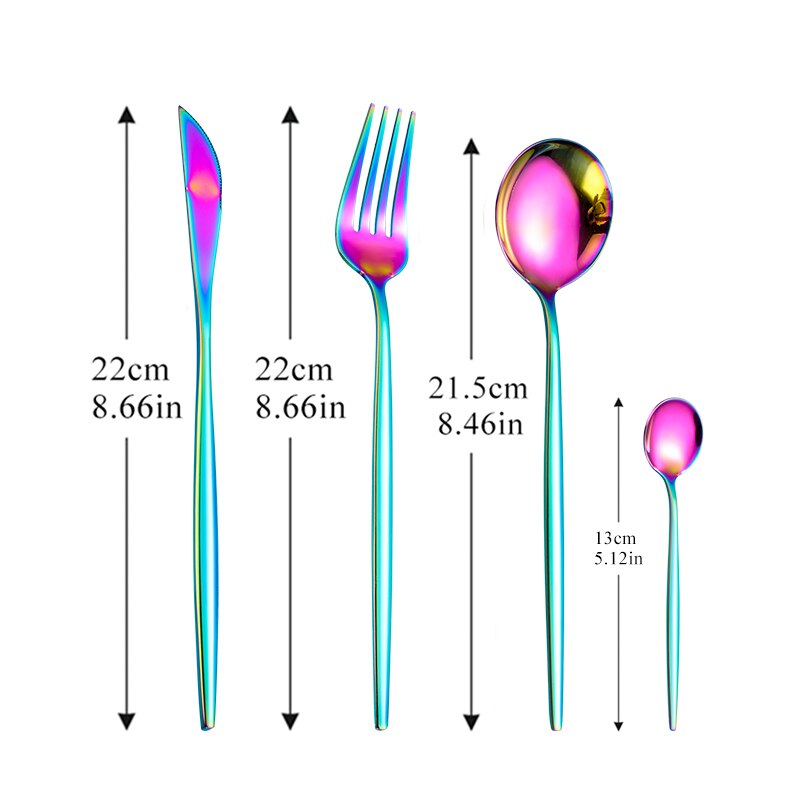 Kök rosa bestick servis set 304 rostfritt stål bestick hem gaffel sked kniv middag set lyx bestick set: Regnbåge