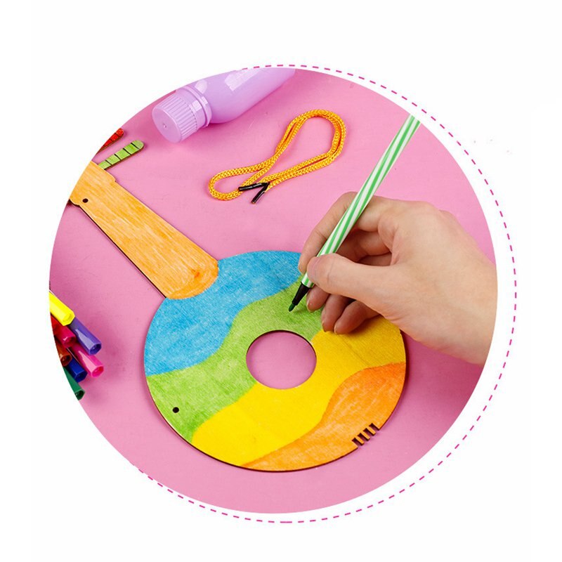 Wooden DIY Pipa Lute Chinese Traditional Style Children Handmade Colorful Painted Material Package String Musical Instrument Toy