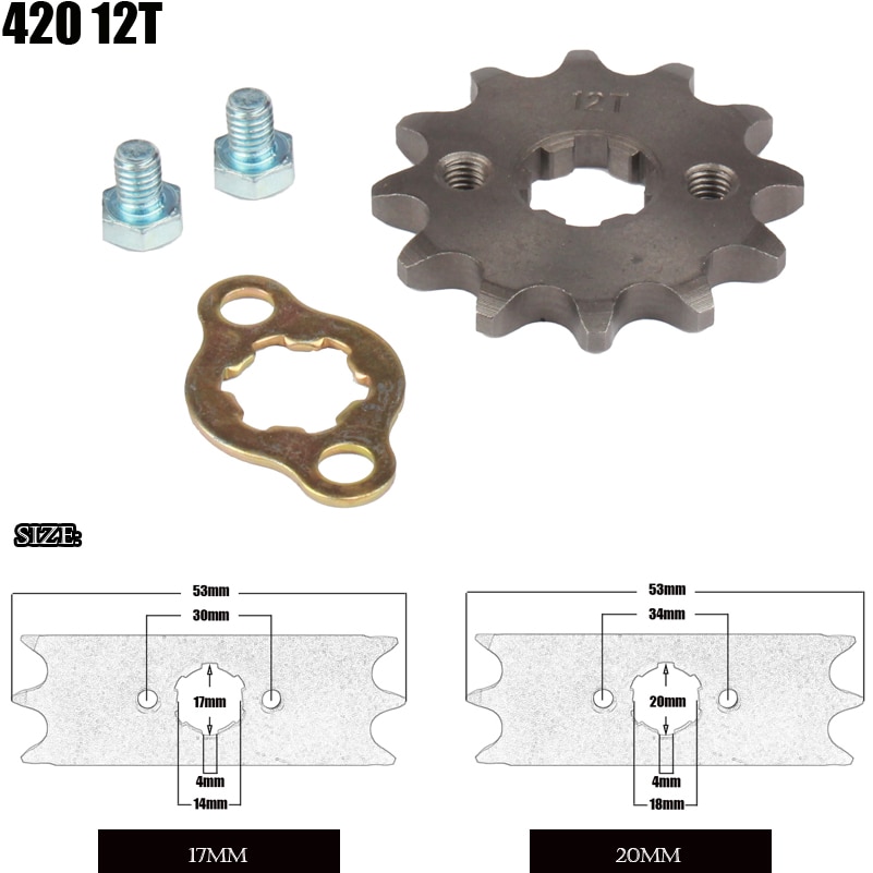 Pignon moteur avant moto 420 17mm 20mm 12 dents pour stomp upower dirt pit bike atv quad go kart cyclomoteur buggy scooter