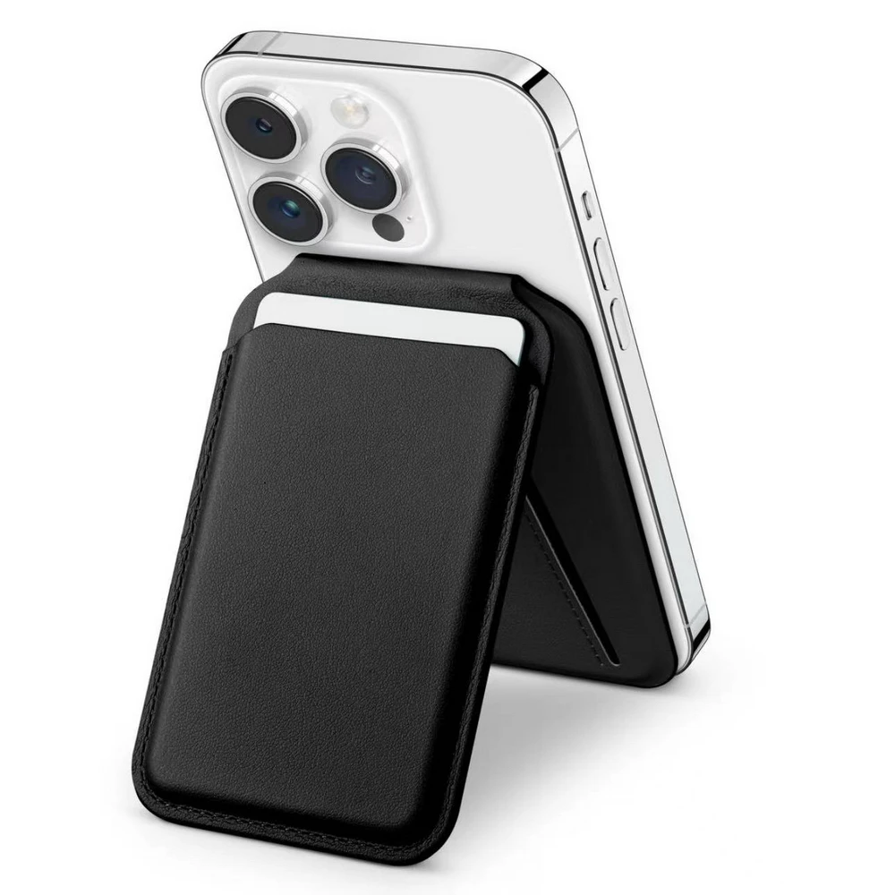 Magnetischer, zusammenklappbarer Brieftaschen-Kartenhalter, Leder-Telefonständer für Magsafe IPhone 14 13 15 Profi Max 16, Macsafe-Unterstützung, Telefonhalterung: Schwarz