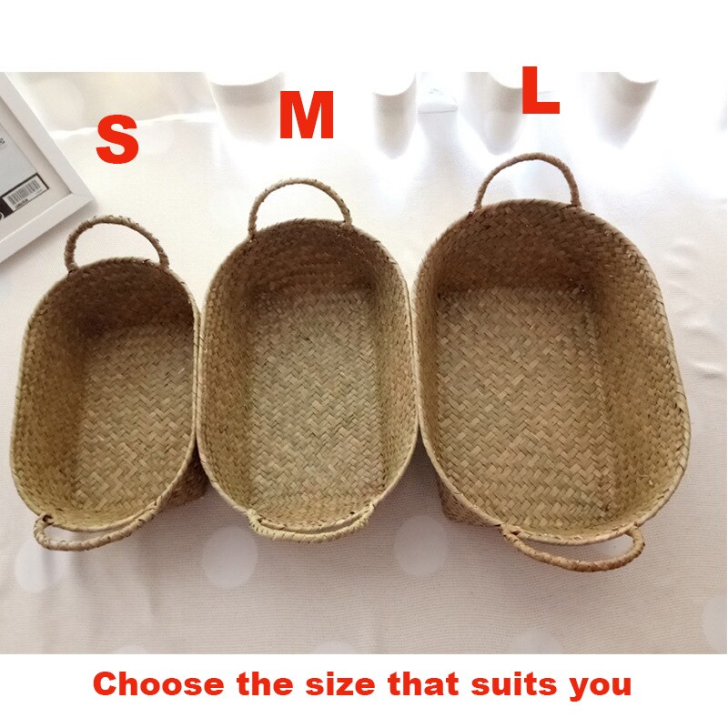 WHISM Handmade Woven Storage Basket Straw Food Picnic Basket Container Makeup Organizer Rattan Bread Fruit Holder Wicker Basket