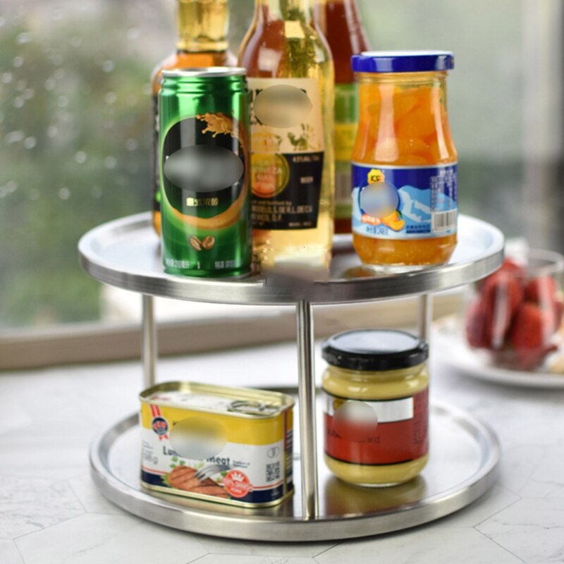 2-layer 360 Degree Rotate Kitchen Spice Storage Rack Stainless Steel Cabinet Seasoning Bottle Organizer Desktop Neat Holder
