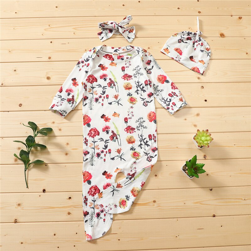 3 Pcs Pasgeboren Bloemen Nachtkleding Baby Baby Lange Mouw Ronde Hals Aparte Benen Slaap Slijtage + Hoed + Hoofdtooi Pasgeboren meisjes Gewaden