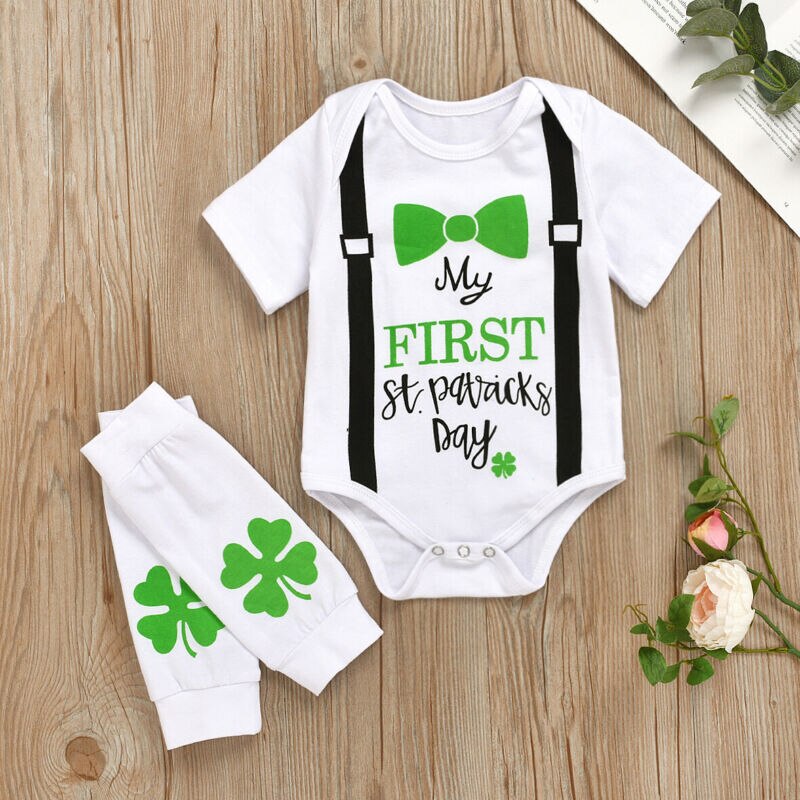 Baby sommarkläder nyfödd pojke flicka unisex bomull jumpsuit kortärmad klöver bodysuit påskkläder set soldräkt
