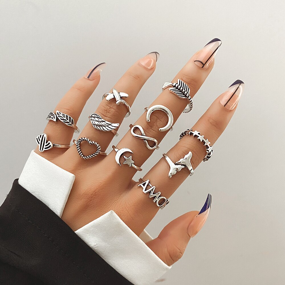 FNIO Trend Silver Color Geometric Personality Rings Set For Men Women Hip-Hop Punk Rings Party Jewelry: FN31813823