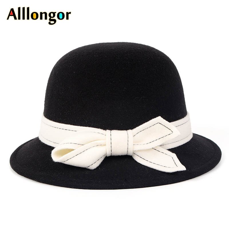 Efterår vinter derby hat kvinder sløjfe massiv grå sombrero mujer fedora hat damer formel vintage uld filt bowlerhat: Sort