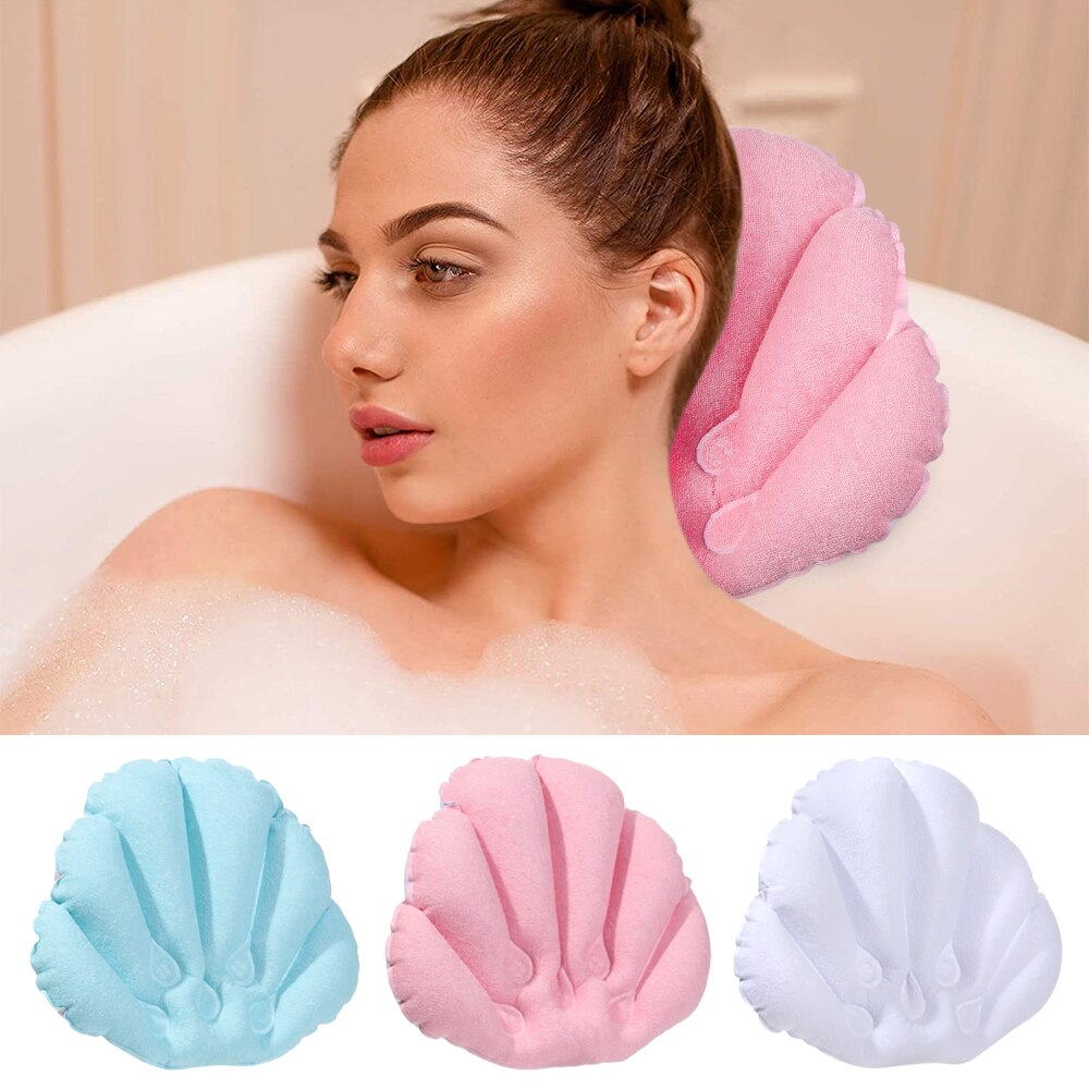 Almohada inflable de baño con ventosas, cojín suave de felpa en forma de abanico para bañera, Spa, soporte para cuello, 1 unidad