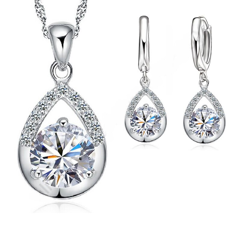 Pur 925 en argent Sterling goutte d'eau bijoux ensembles Top boucles d'oreilles collier ensemble pour femmes filles accessoires de mariage