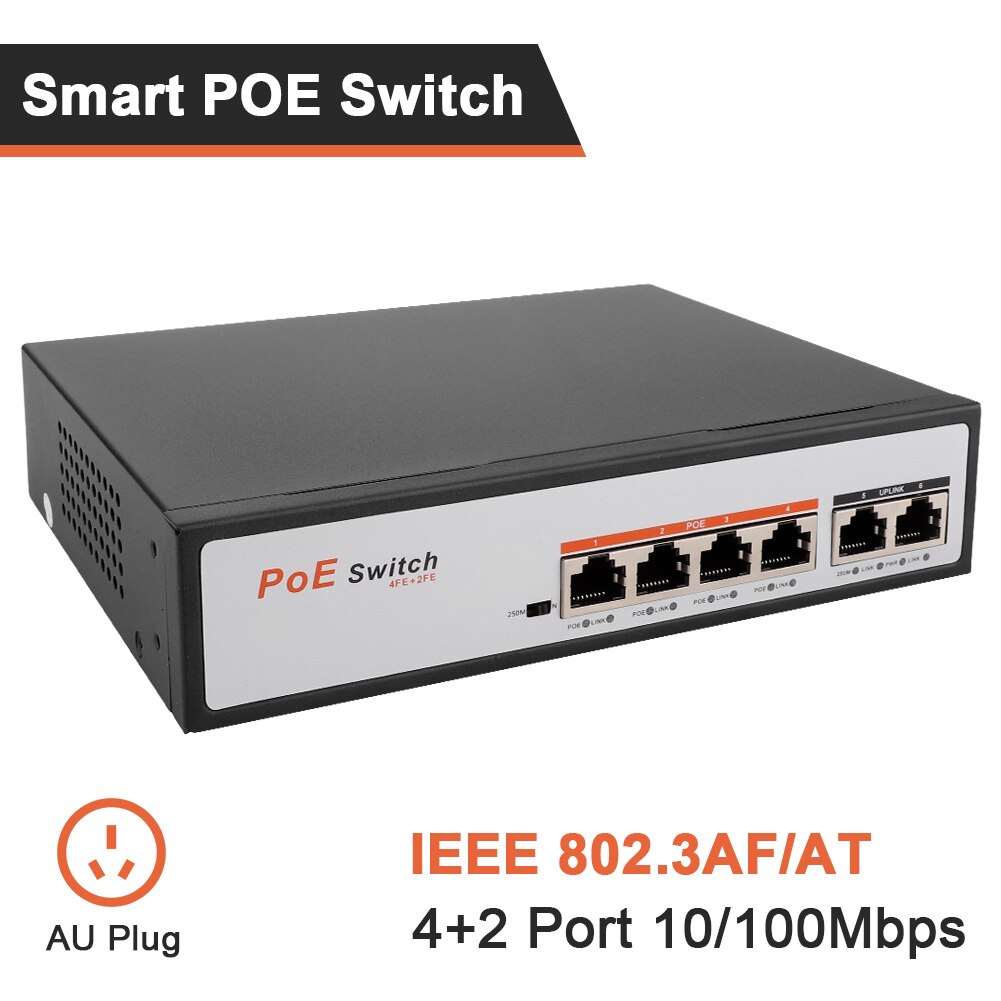 Poe 6 port switch 10m/100m switch til ip kamera ieee 802.3af/ ved poe power: Au stik