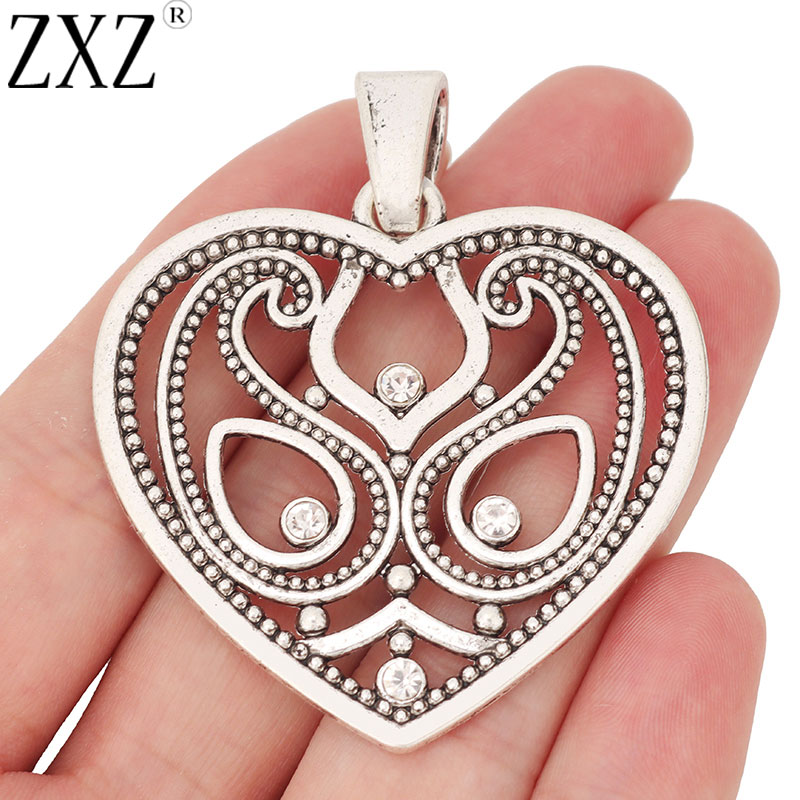 ZXZ – breloques tibétaines en argent, grand cœur et strass, pendentifs pour la fabrication de bijoux, 61x50mm, 2 pièces