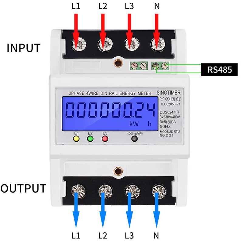 DDS024MR 3 Phase 4 Wire Energy Meter Volt Current Frequency Meter Multifunction LCD Digital Display DIN Rail Power Meter with RS
