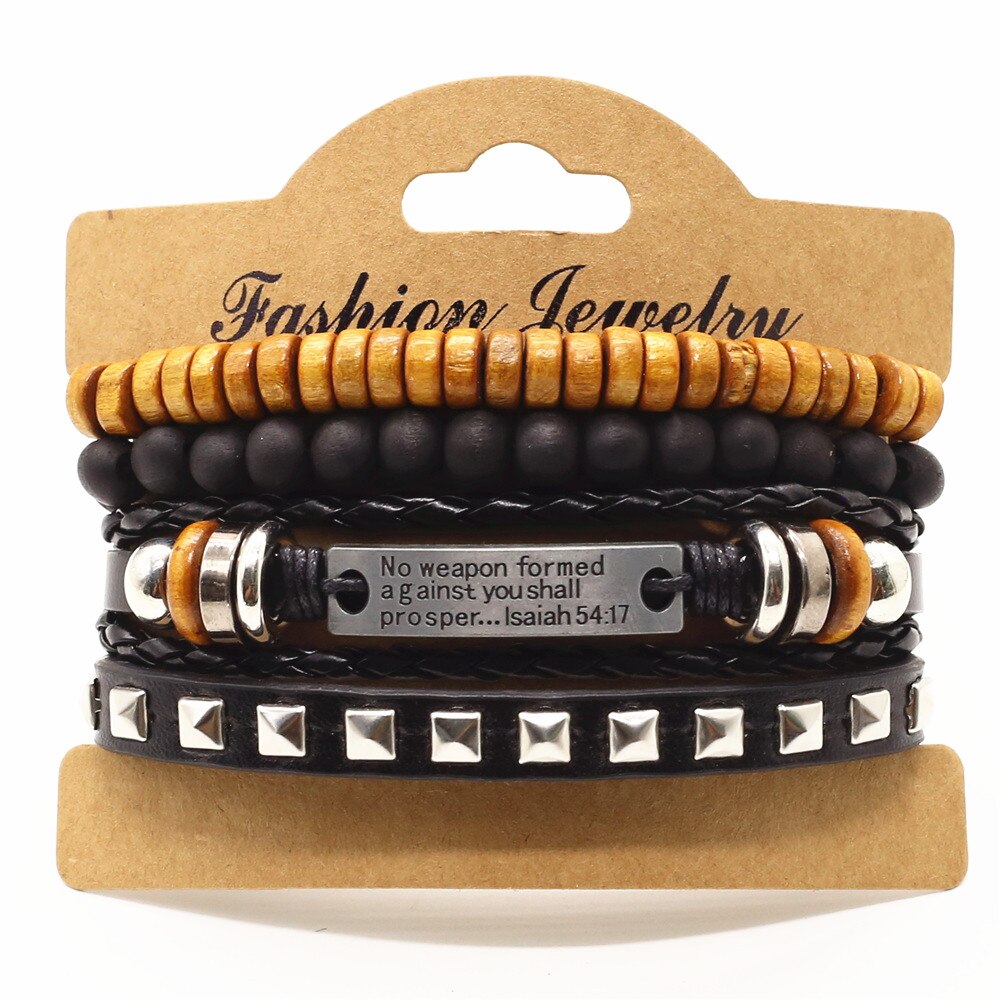 4 Stks/set Lion Cross Gitaar Charme Houten Kralen Mannen Lederen Armbanden Vrouwen Femme Homme Mannelijke Pulseras Sieraden: style 2