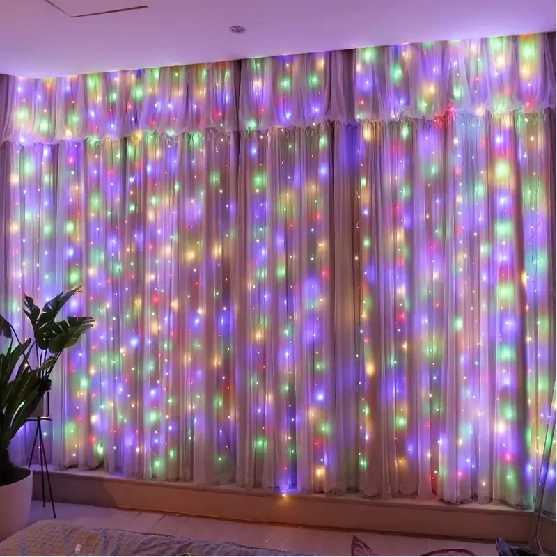 Lumières dégradées de rideau LED, 8 modes d'éclairage, décoration extérieure et intérieure pour Noël, fête de mariage, jardin, salon, chambre à coucher, 6m, 3m: blanc chaud / 11-15W