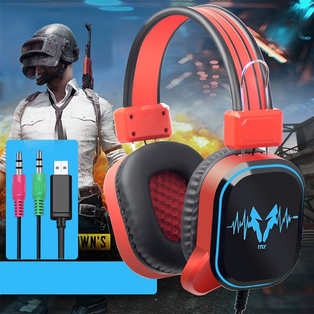 USB Wired Gaming Headphone LED RGB Lighting Over-Ear Gamer Headset With Microphone For PC Laptop X-box One PS4 Game: Red 