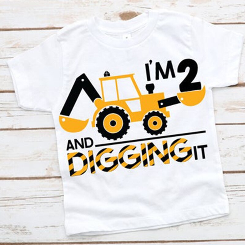 Construction Excavator digging theme boy 1st 2nd first second one two years old birthday party decoration shirt Photo props: 2nd / height 90cm-98cm