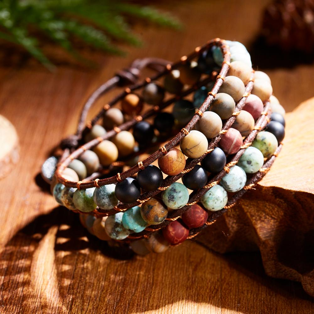 Pulsera de envoltura de cuerda de 3 capas para mujer piedra mate bohemio hecho a mano multicapa Mala cuentas de cuero joyería mujer
