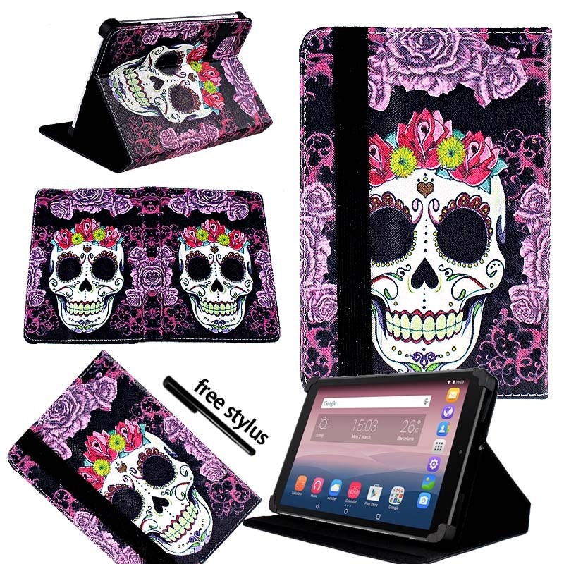 KK&LL For Alcatel OneTouch Pixi 3 10 inch - Leather Tablet Stand Folio Cover Case + Free stylus: Purple Skull