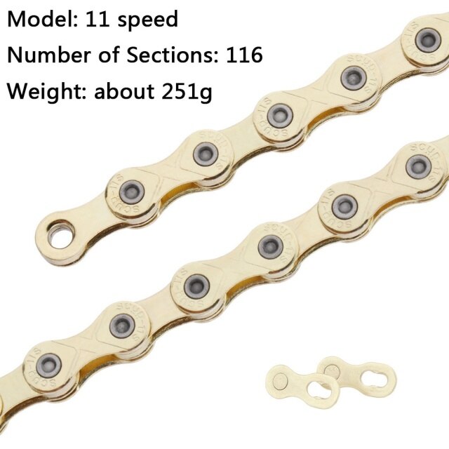 Chaîne de vélo ajourée dorée arc-en-ciel, pour KMC X9 X10 X11 X12, 9/10/11/12 vitesses, pour vtt/vélo de route, 116L 126L: gold 11S