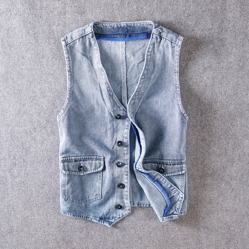 Engeland Style Mannen Vest Licht Blauw V-hals Vintage Pak Denim Vest Mannen Heren Mouwloze Jas Homme Chaqueta