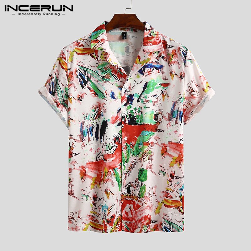 Incerun sommer skjorter med print til mænd kortærmede løs reversskjorte afslappet åndbar camisa mænd hawaiianske skjorter s -3xl