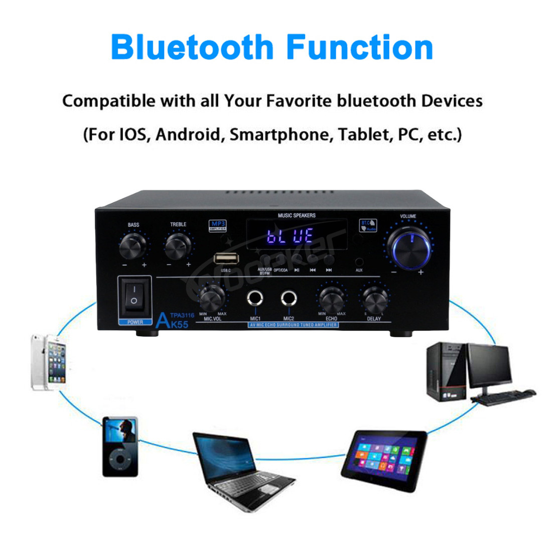 Woopker Audio Amplifier AK55 HiFi Bluetooth 5.0 Max Power 900W Supports Bass Surround and FM Suitable for Home Car