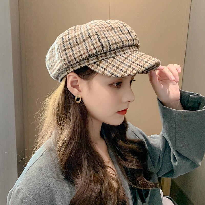 Foux-Gorras a rayas a cuadros para mujer, gorro de , coreana,
