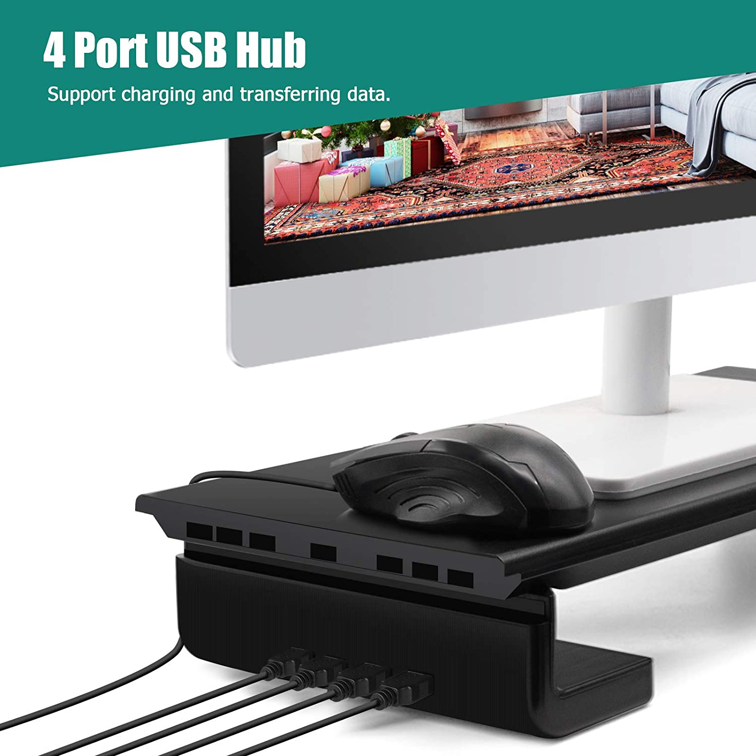 Monitor Stand with 4 USB Ports Adjustable Width, Laptop Desktop Stand, Monitor Stand Riser with Storage Drawer